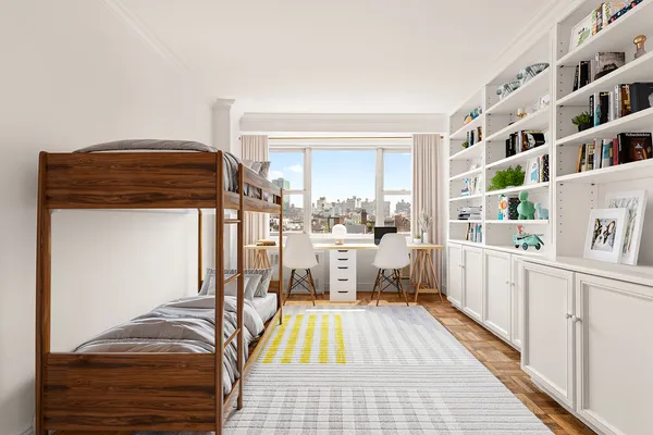 a room with a bed and a night stand