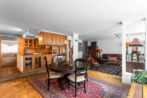 a view of a dining room with furniture