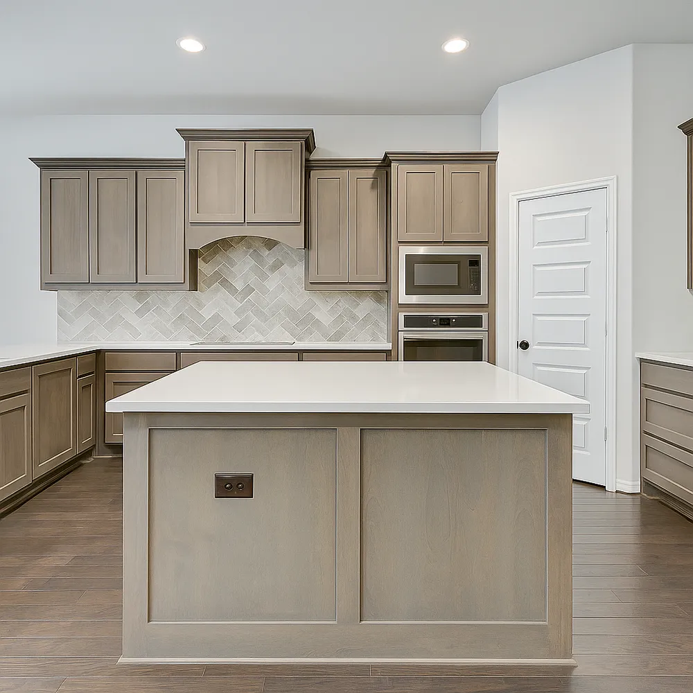 a kitchen with kitchen island a counter top space cabinets and stainless steel appliances