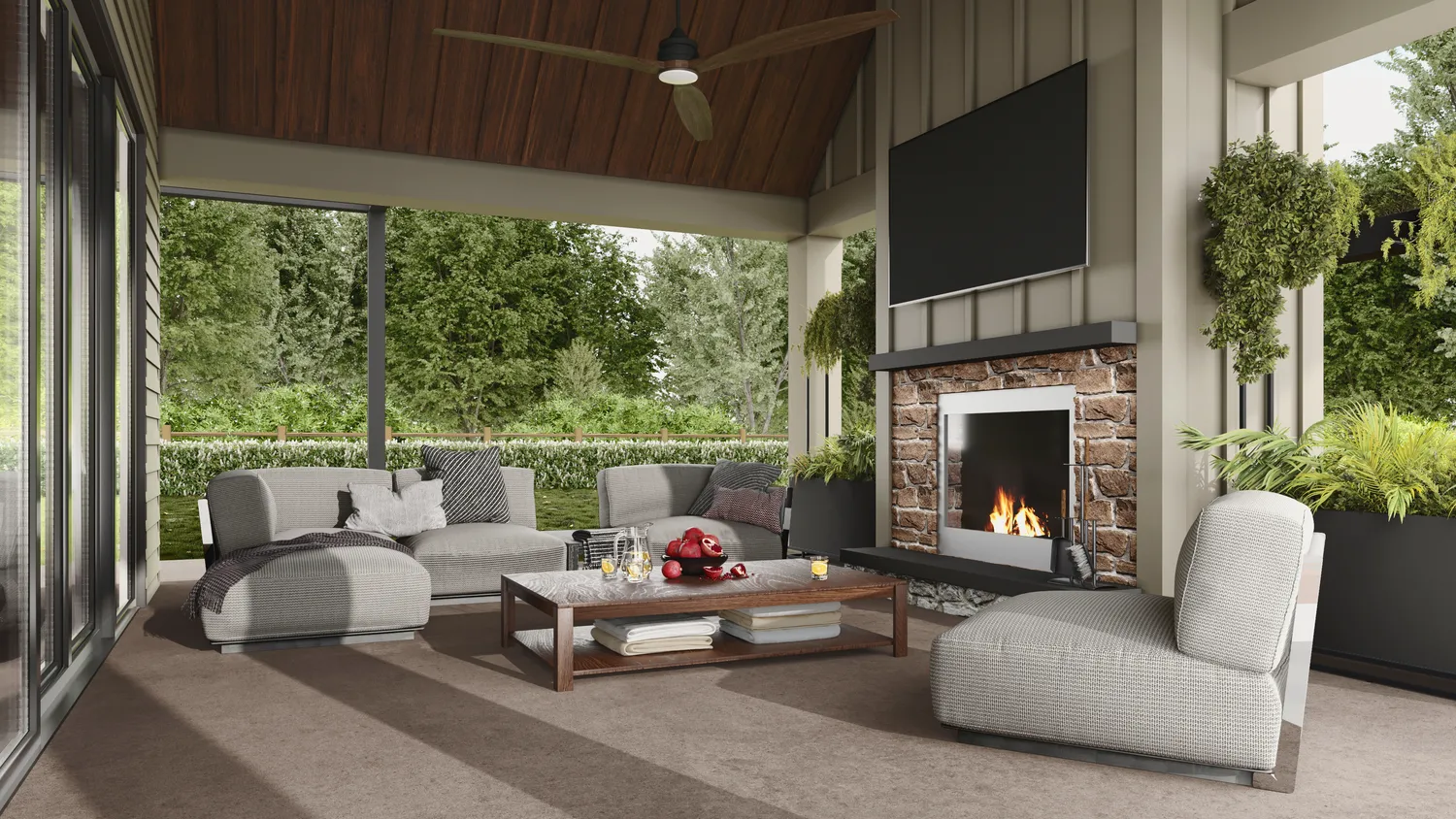 a living room with furniture a fireplace and a flat screen tv
