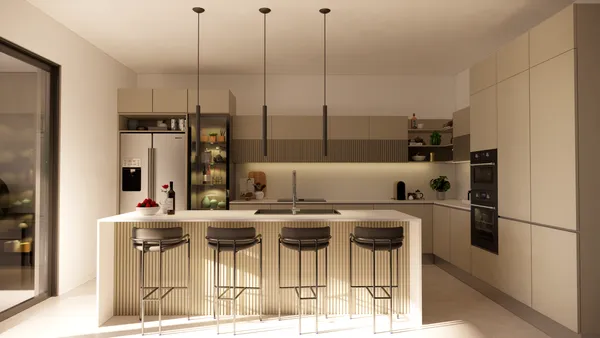 a kitchen with stainless steel appliances kitchen island granite countertop a table chairs and a refrigerator