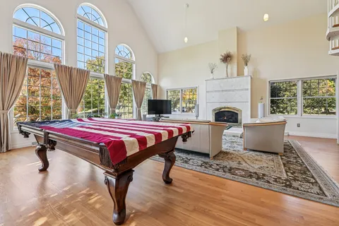 a living room with furniture a rug and a fireplace