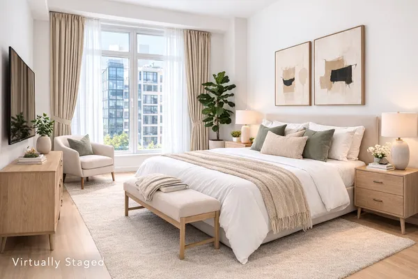 a bedroom with a bed and a large mirror