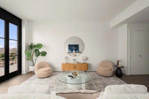a living room with furniture and a potted plant