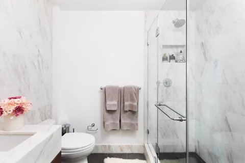 a bathroom with a toilet and a shower