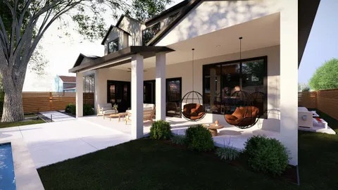 a view of a house with backyard couches and swimming pool with a yard