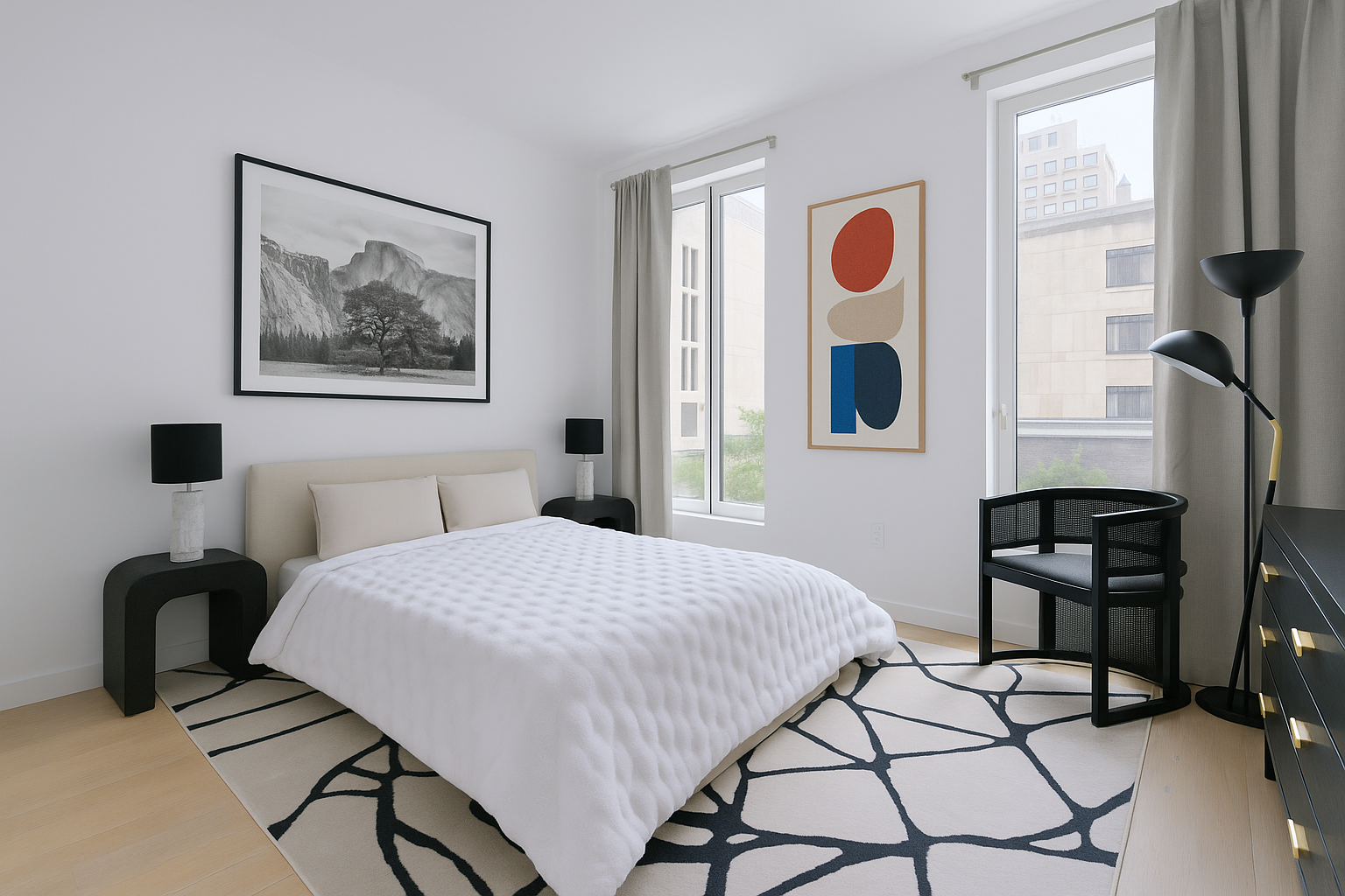 215 West 28th Street, Unit 4E Manhattan, NY 10001 - Photo 3 of 13 a bedroom with a bed and a lamp next to a window