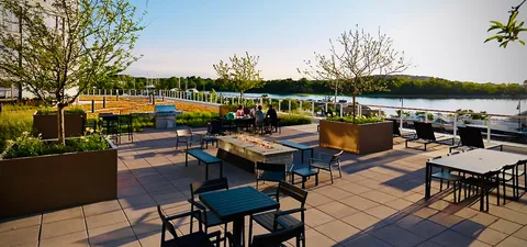 a view of a terrace with furniture