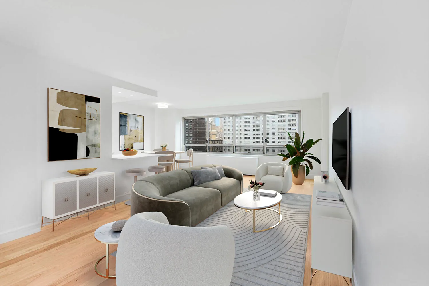 a living room with furniture a flat screen tv and a large window