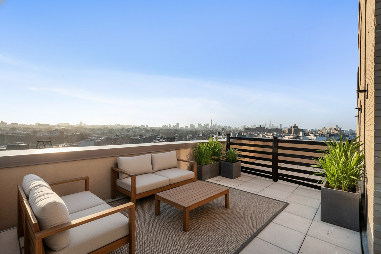 a view of sitting area with furniture and city view