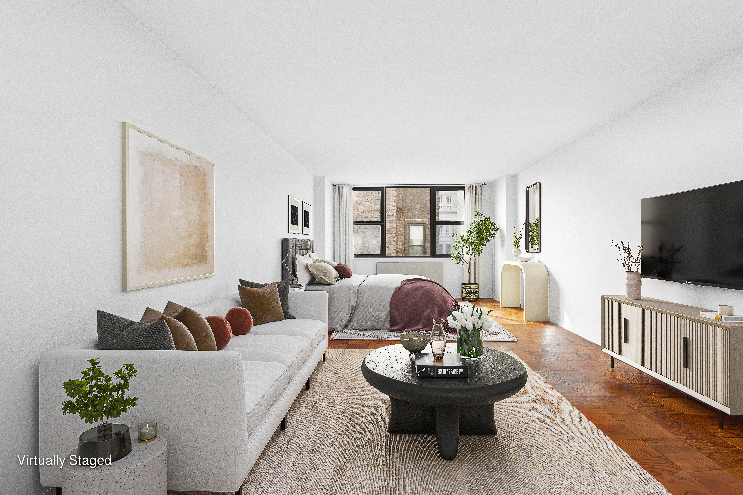 a living room with furniture a flat screen tv and a large window