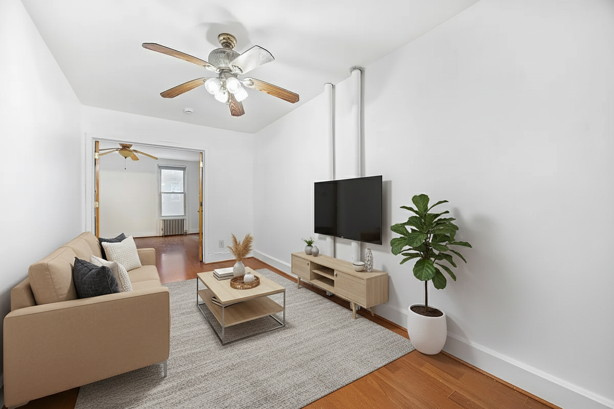 a living room with furniture and a potted plant