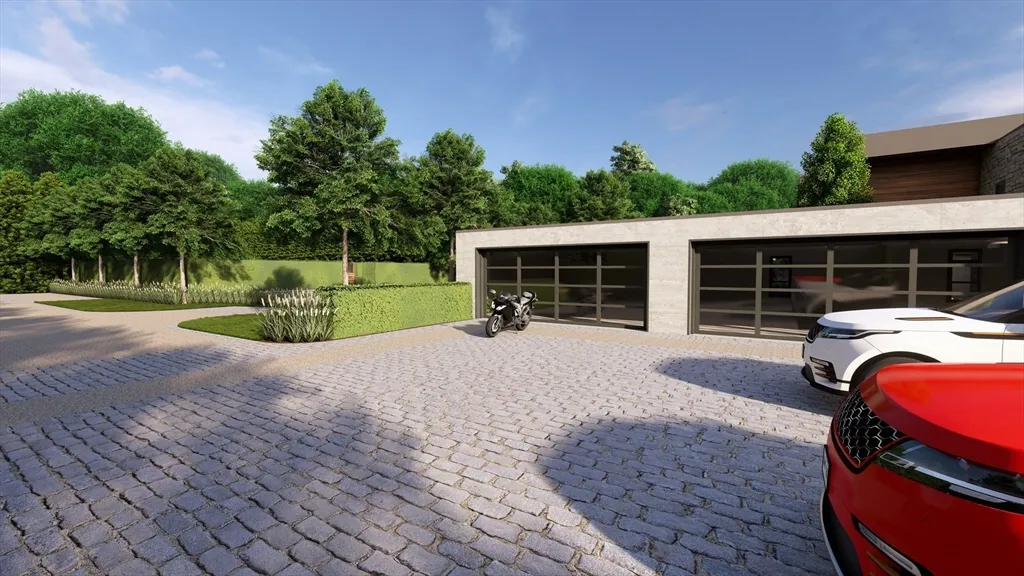 a view of a yard with table and chairs under an umbrella