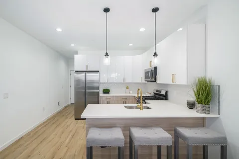 a kitchen with a sink a refrigerator a potted plant and wooden floor