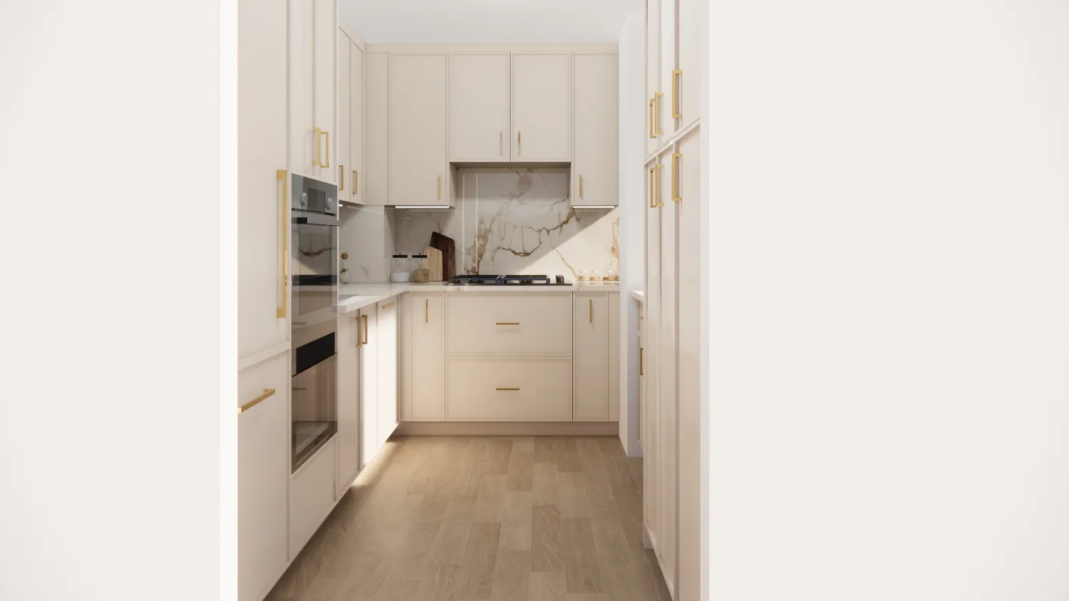 a view of a kitchen with white cabinets