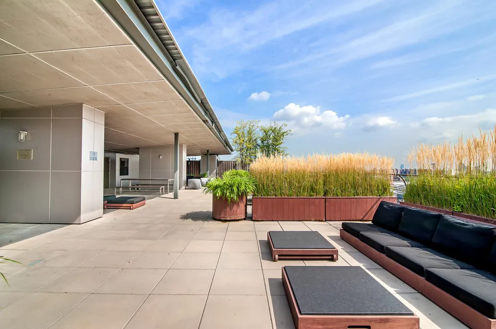 a view of a patio with couches and potted plants