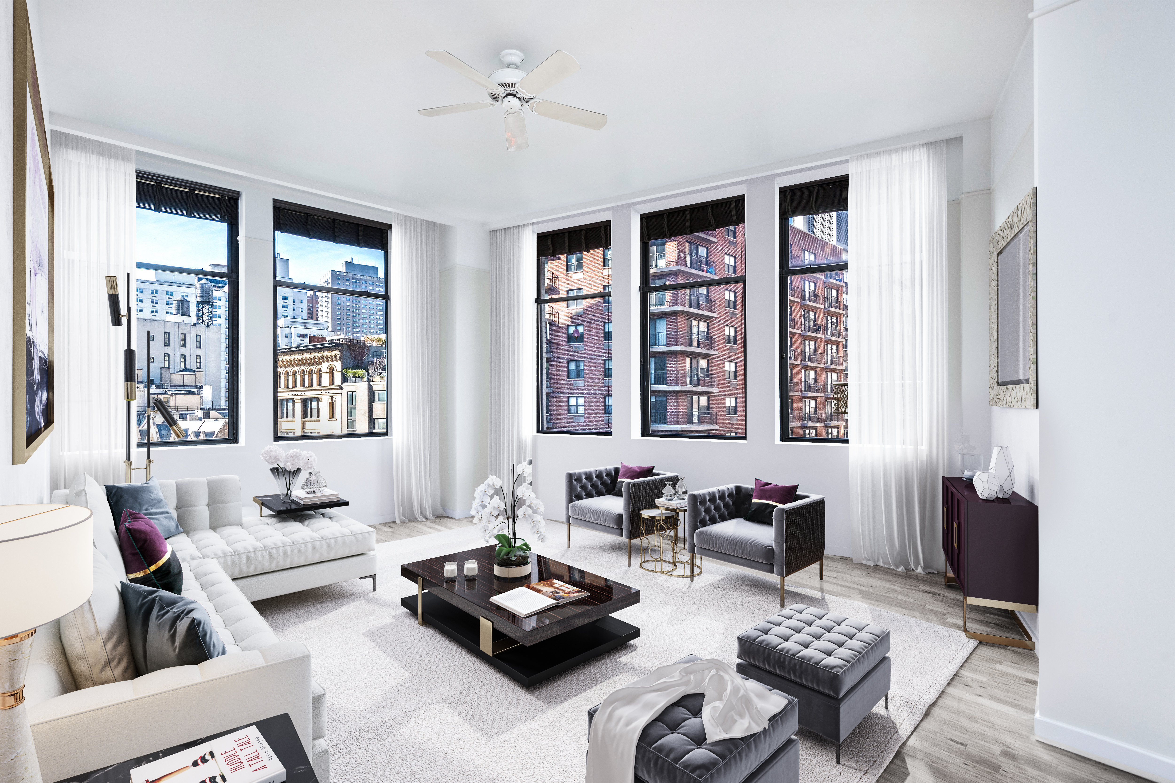115 4th Avenue, Unit 5C Manhattan, NY 10003 - Photo 1 of 11 a living room with furniture and floor to ceiling windows