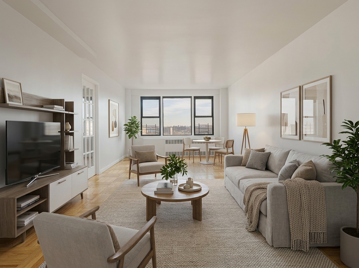 460 East 79th Street, Unit 15F Manhattan, NY 10075 - Photo 1 of 11 a living room with furniture a flat screen tv and a window