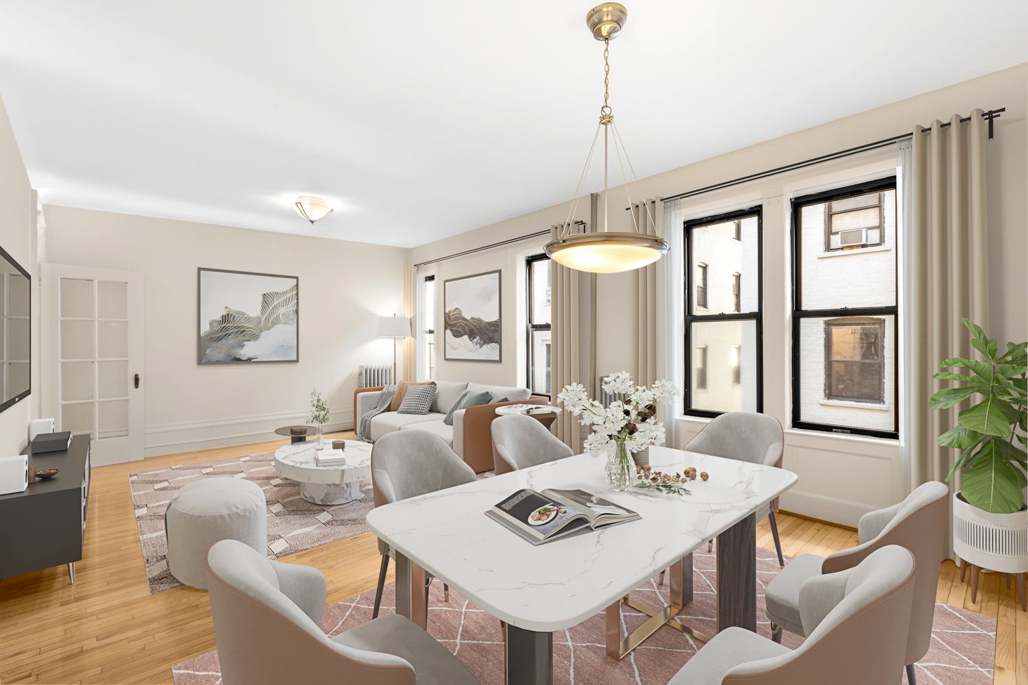 a living room with furniture a table and large window