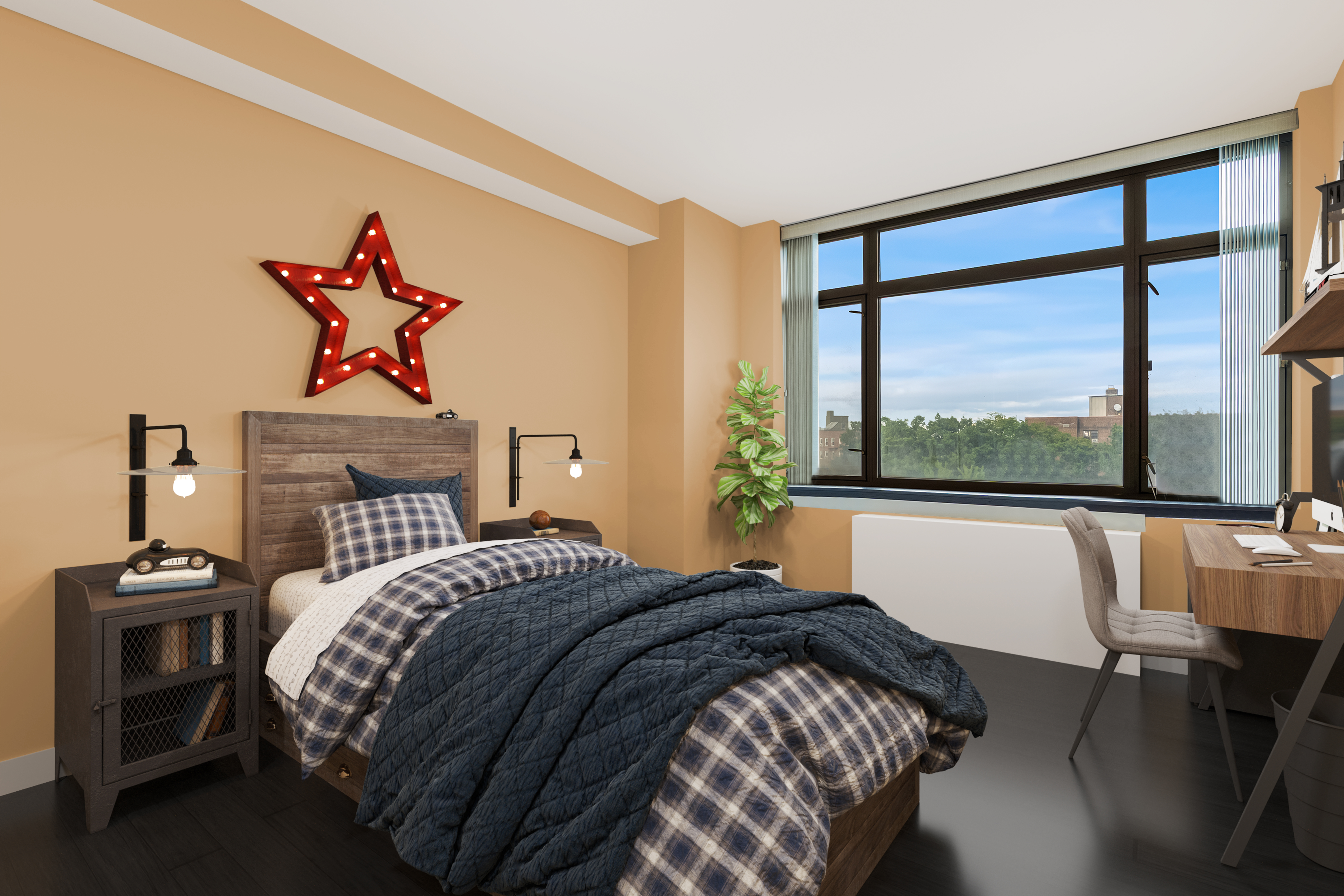 112-01 Queens Boulevard, Unit 6J Queens, NY 11375 - Photo 9 of 29 a bedroom with a bed and a large window