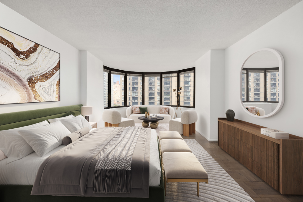 330 East 38th Street, Unit 22H Manhattan, NY 10016 - Photo 3 of 11 a bedroom with a large bed couch and windows