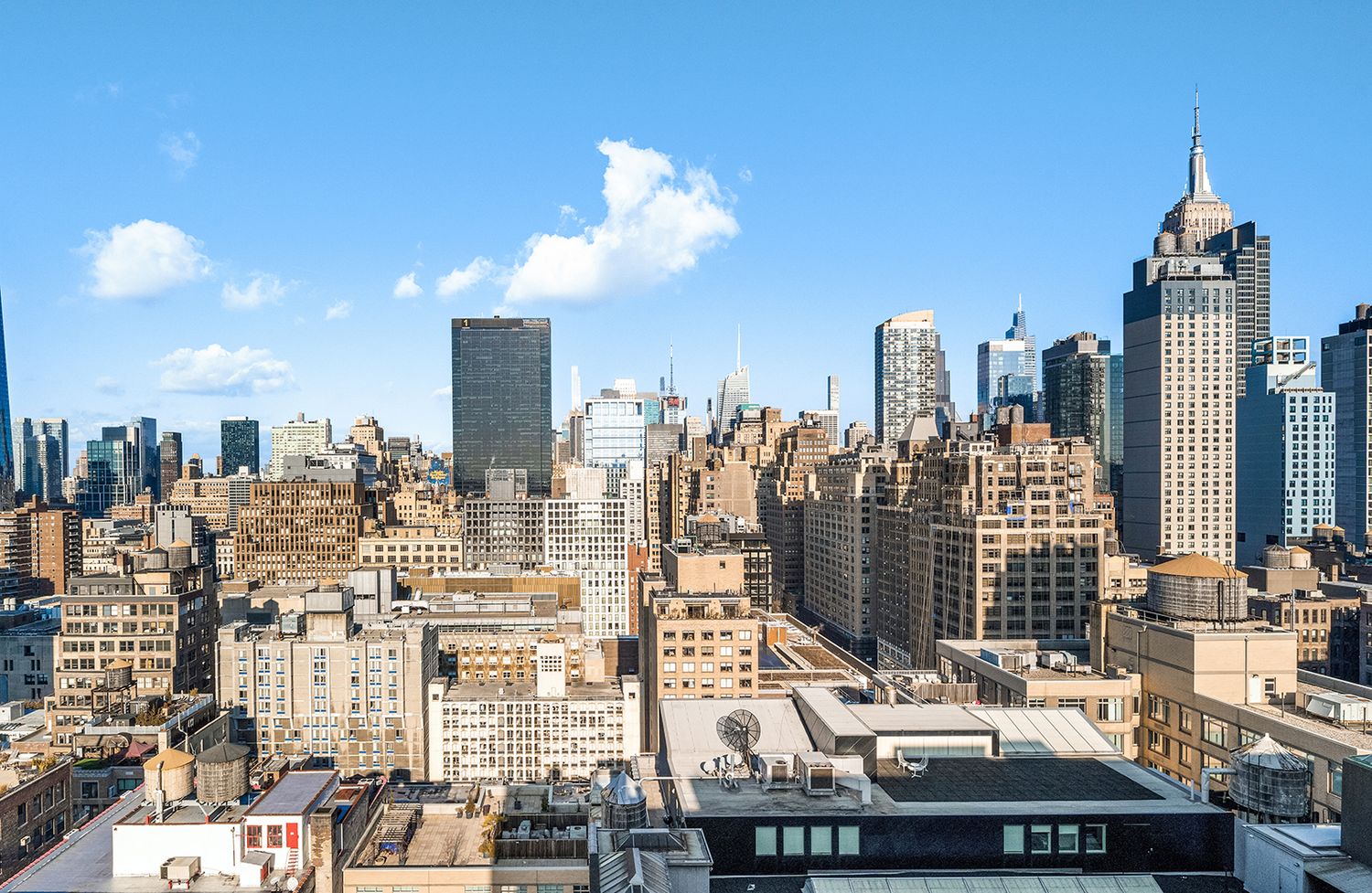 a city view with tall buildings