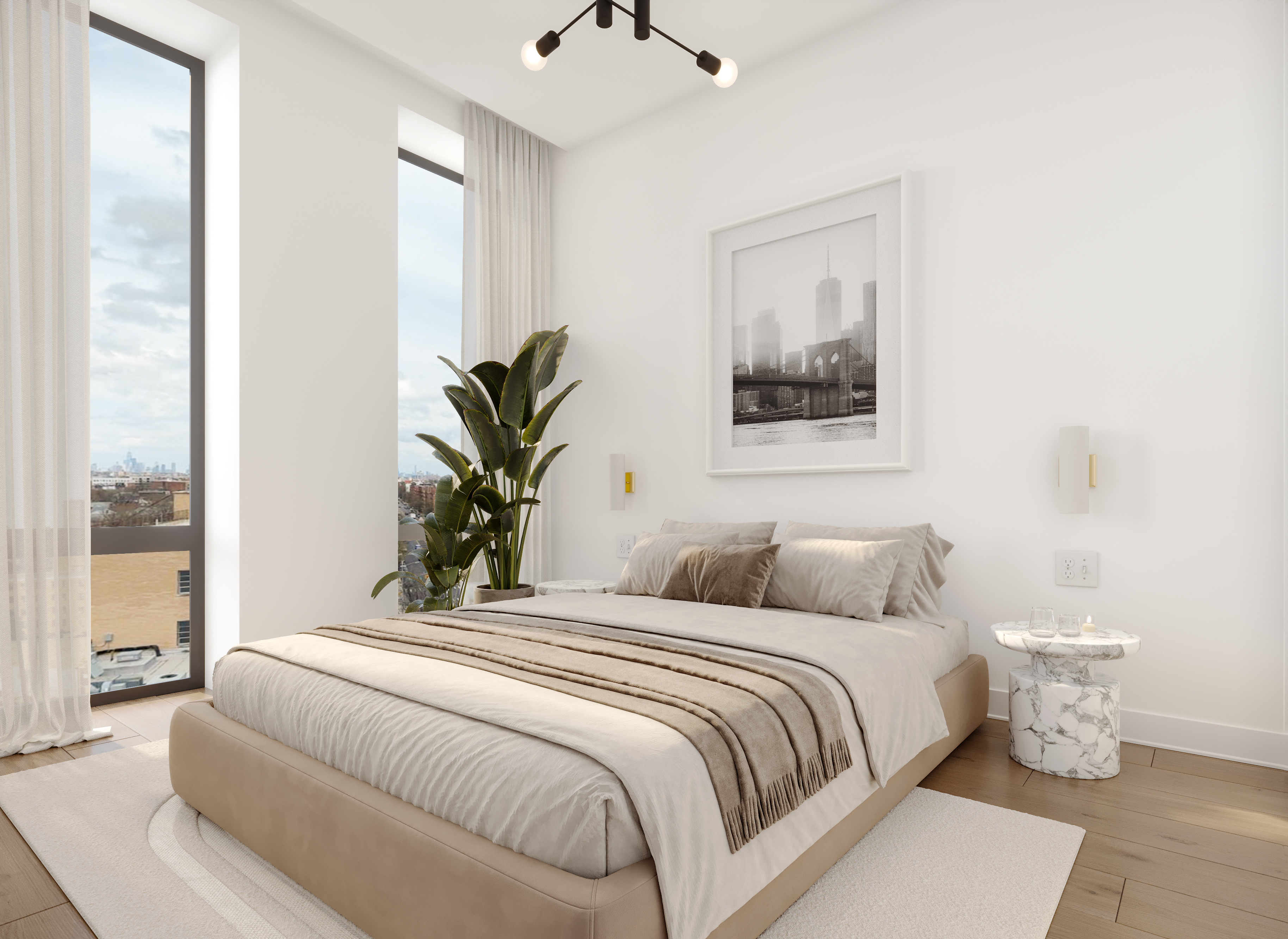 2518 Ocean Avenue, Unit 302 Brooklyn, NY 11229 - Photo 4 of 7 a bedroom with a large bed and a potted plant