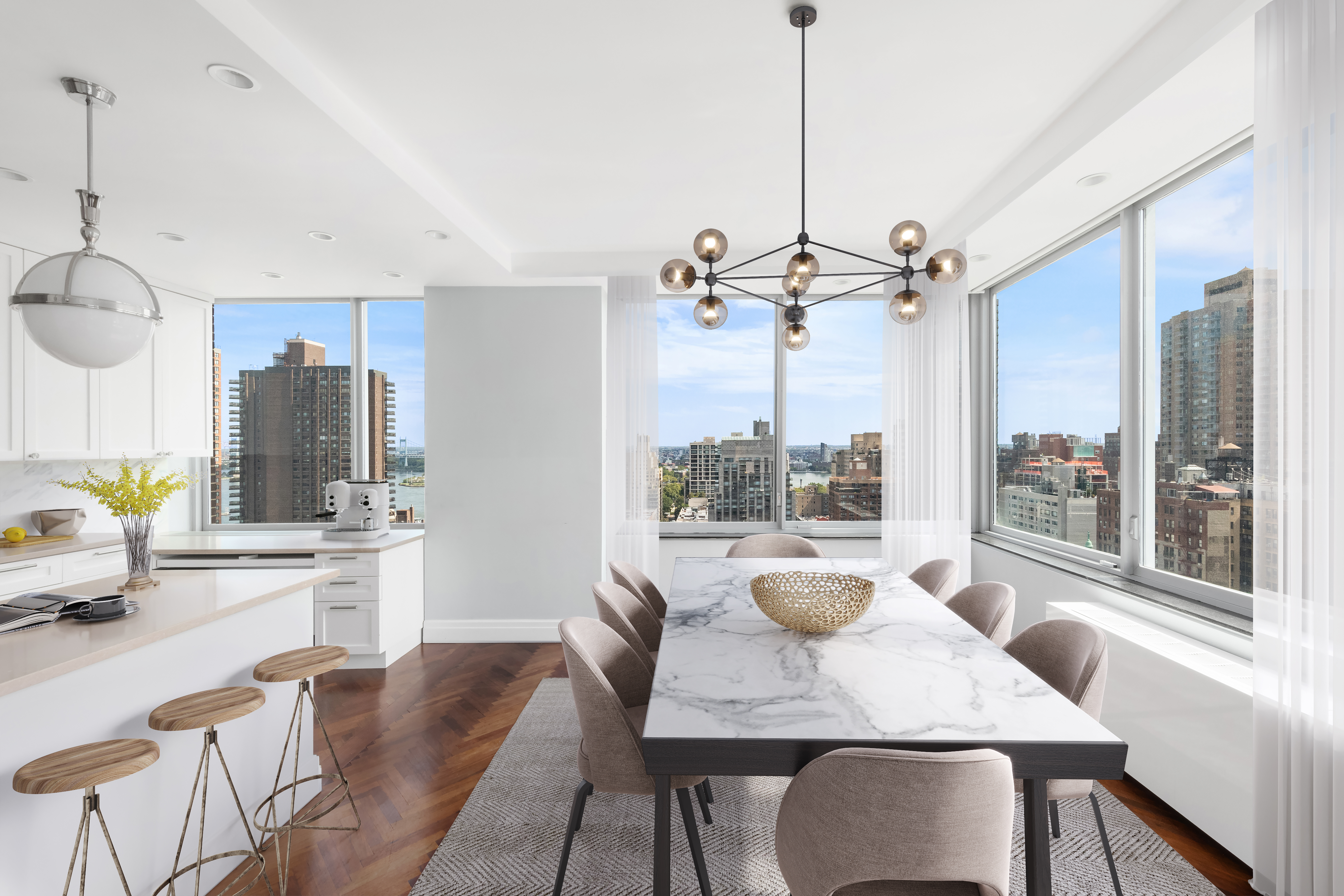360 East 88th Street, Unit 20D Manhattan, NY 10128 - Photo 2 of 15 a dining room with furniture a chandelier and wooden floor