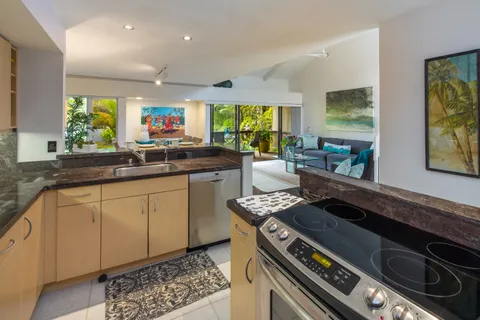 a kitchen with stainless steel appliances granite countertop a stove a sink dishwasher and cabinets with wooden floor