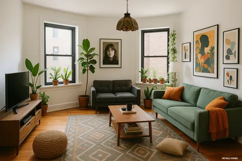 a living room with furniture a window and a flat screen tv