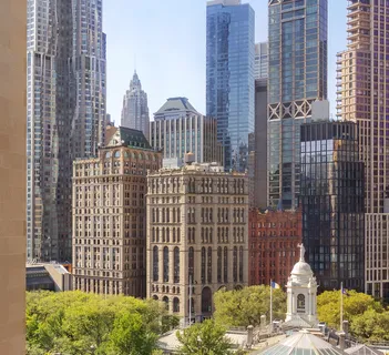 a city view with tall buildings