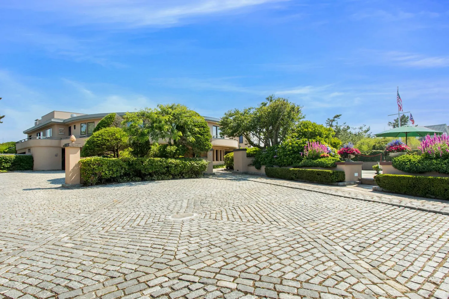 a street view with a garden