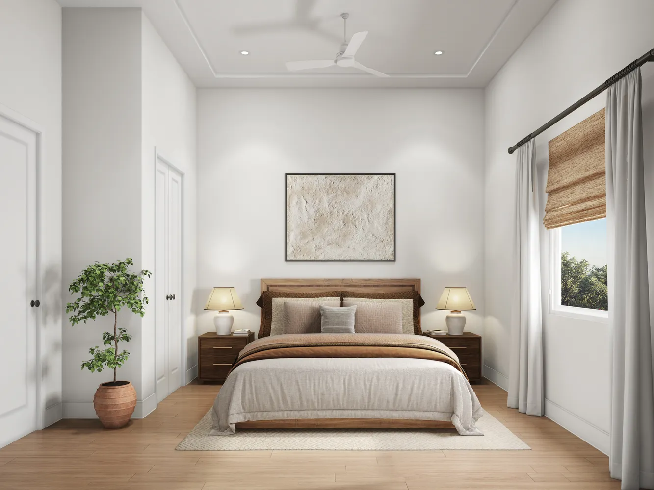 a bedroom with a large bed and a potted plant