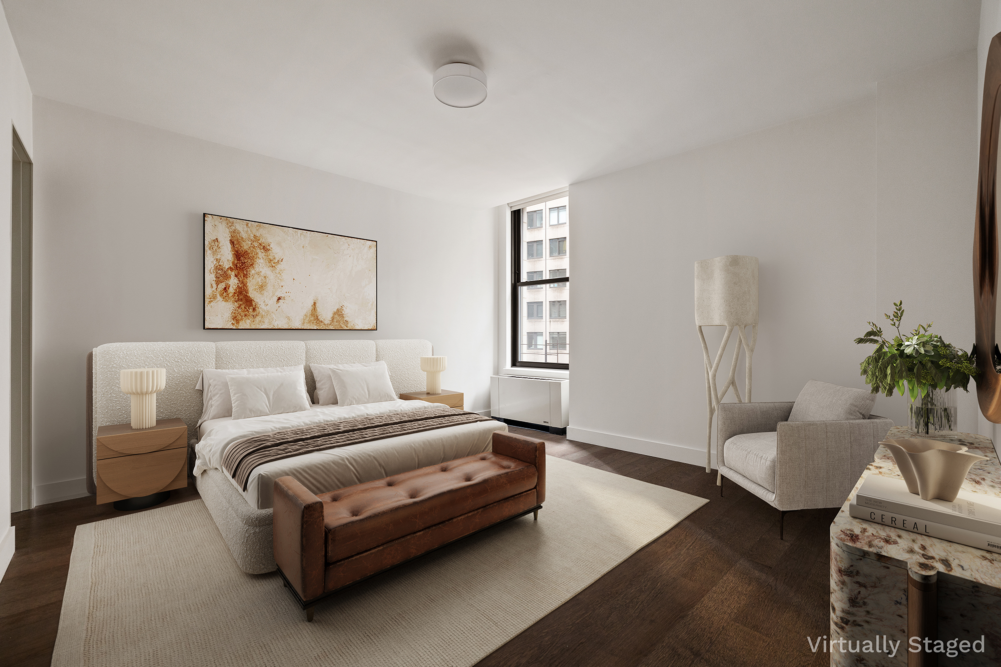 25 Broad Street, Unit 16I Manhattan, NY 10004 - Photo 8 of 23 a spacious bedroom with a bed a couch and potted plant