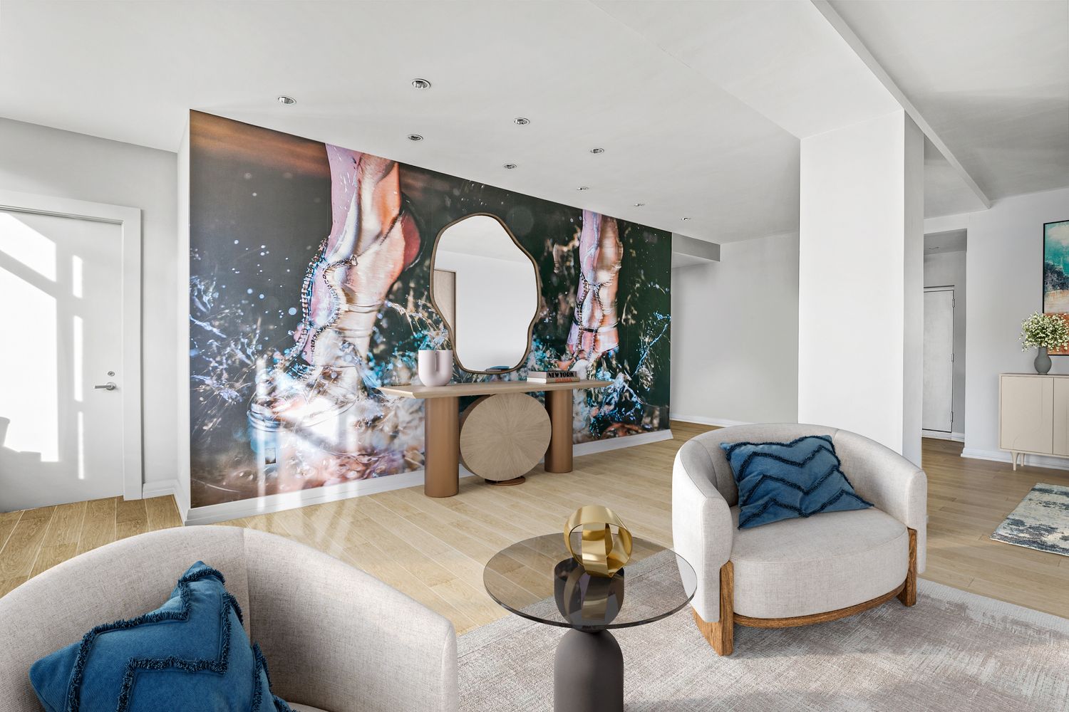 66 9th Avenue, Unit 4W Manhattan, NY 10011 - Photo 5 of 16 a living room with furniture and a mirror