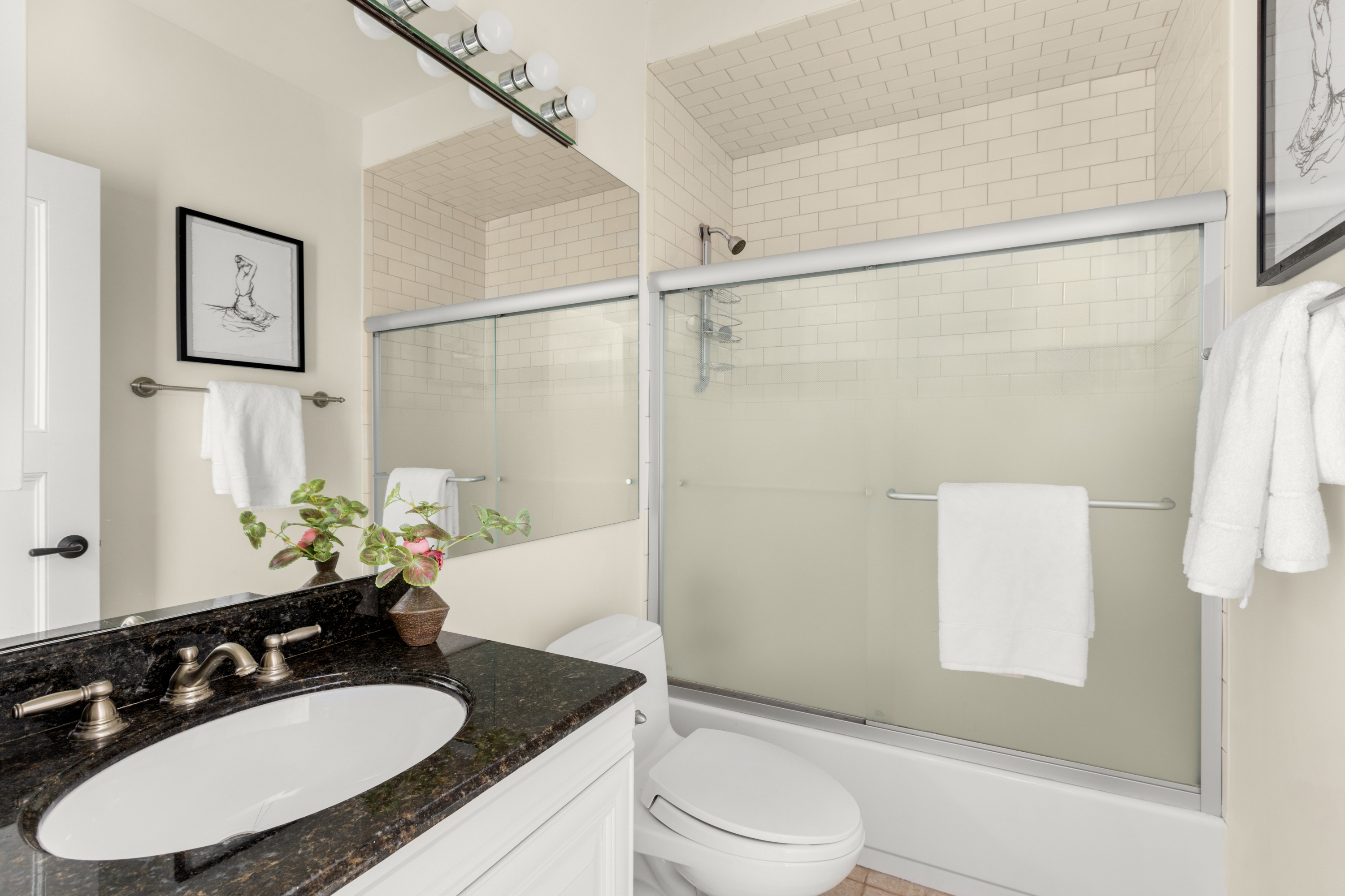 238 Clinton Street, Unit DE Brooklyn, NY 11201 - Photo 10 of 19 a bathroom with a granite countertop sink toilet a mirror and shower