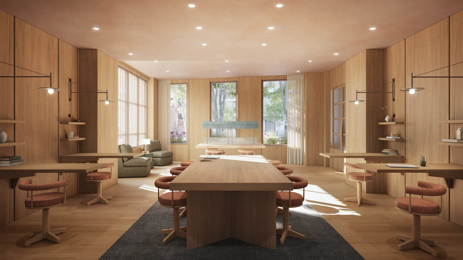 a dining room with large glass table and chairs