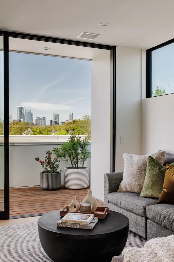 a workspace with furniture and wooden floor