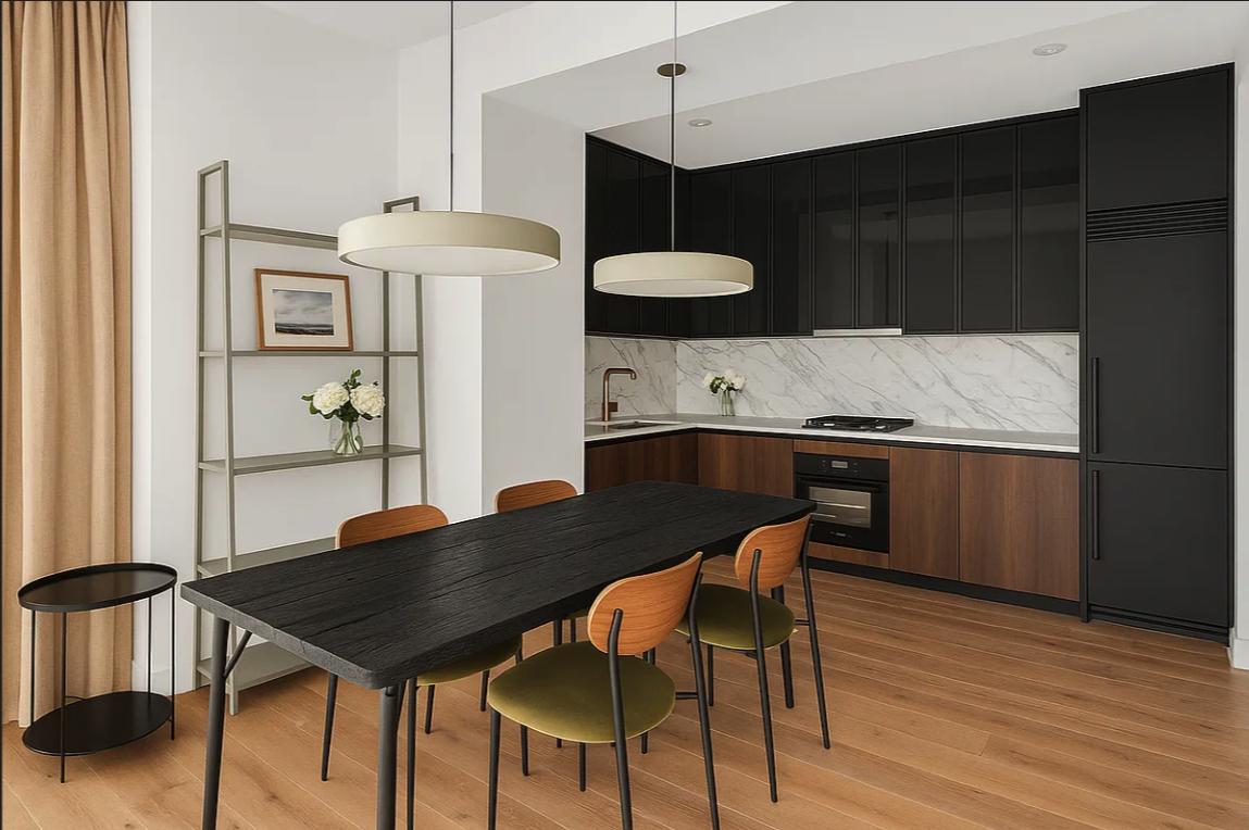 30 East 29th Street, Unit 36D Manhattan, NY 10016 - Photo 4 of 13 a kitchen with a table chairs refrigerator and cabinets