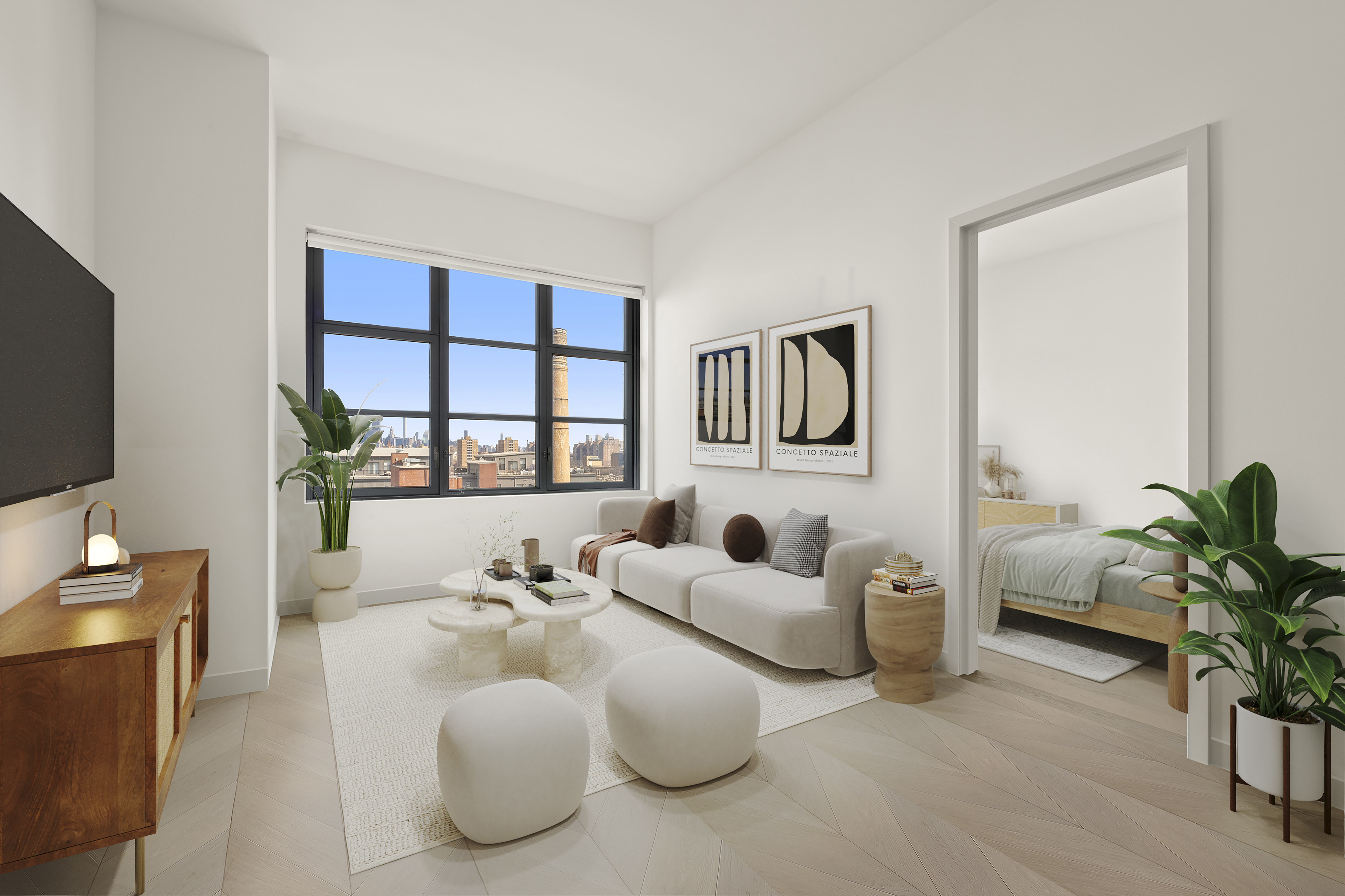 180 Front Street, Unit 7B Brooklyn, NY 11201 - Photo 2 of 25 a living room with furniture large window and flat screen tv