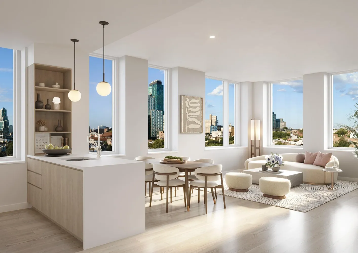 a living room with furniture a chandelier and a dining table