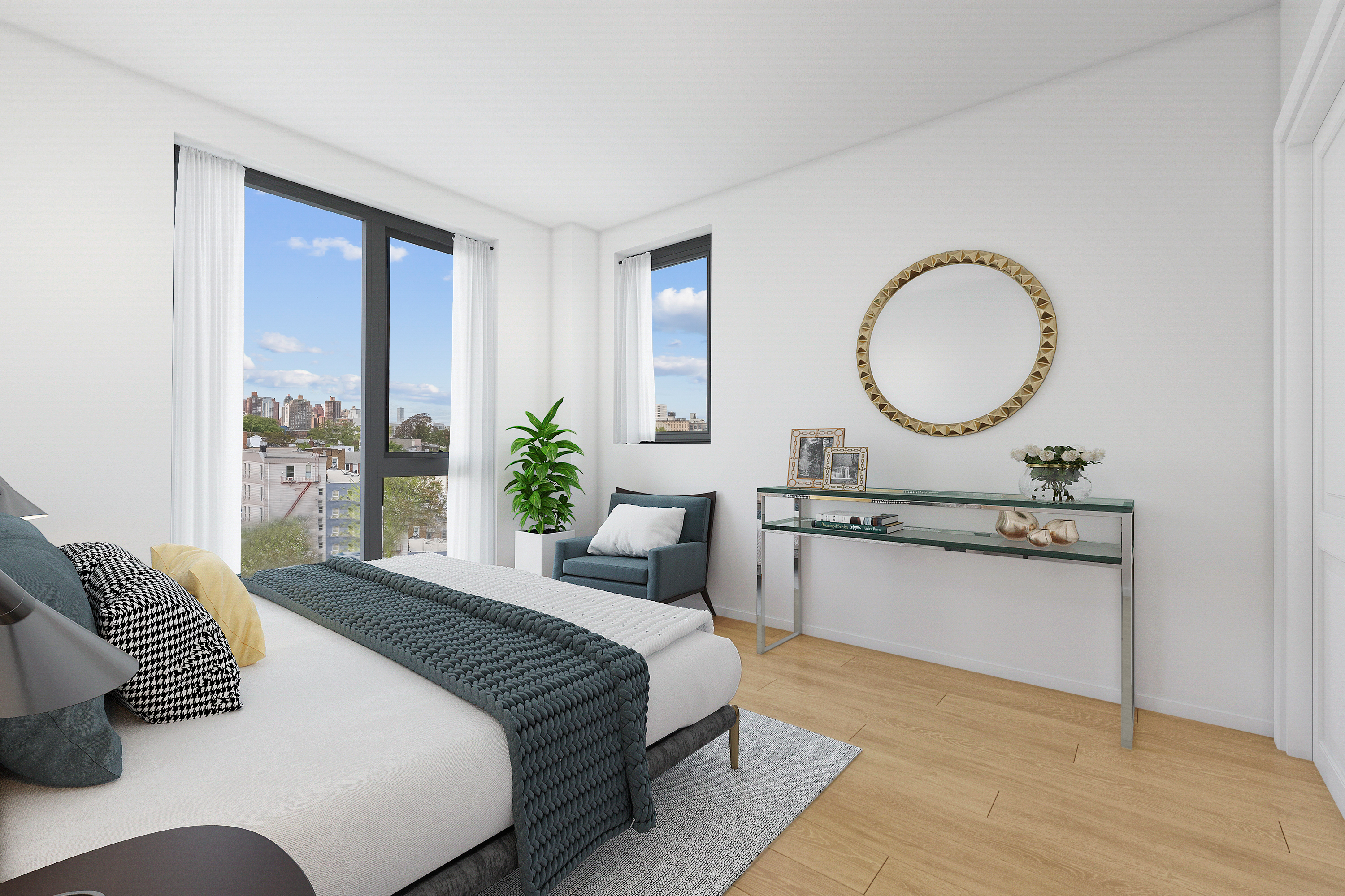 14-33 31st Avenue, Unit 5H Queens, NY 11106 - Photo 4 of 10 a bedroom with a bed and wooden floor