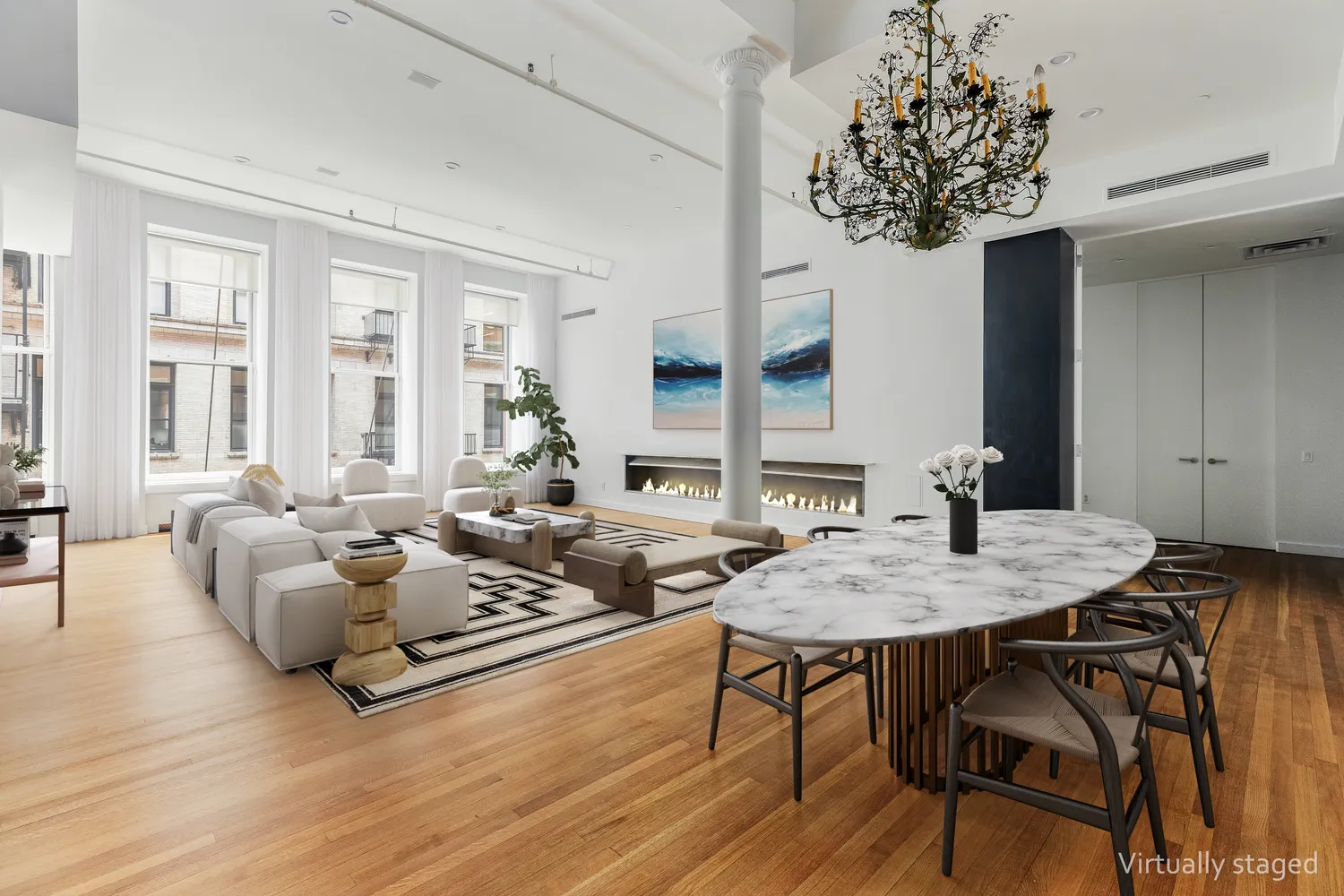 a living room with furniture and a table