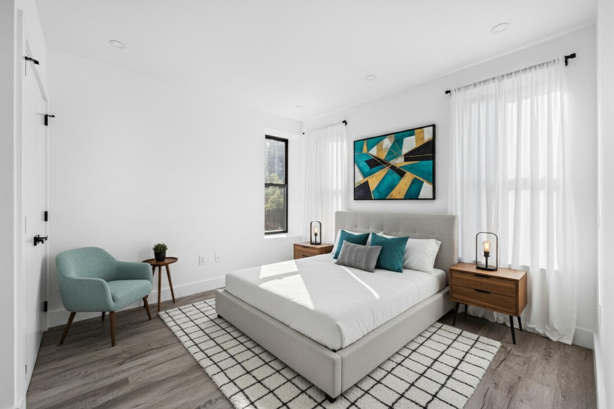 a bedroom with a bed and a chair