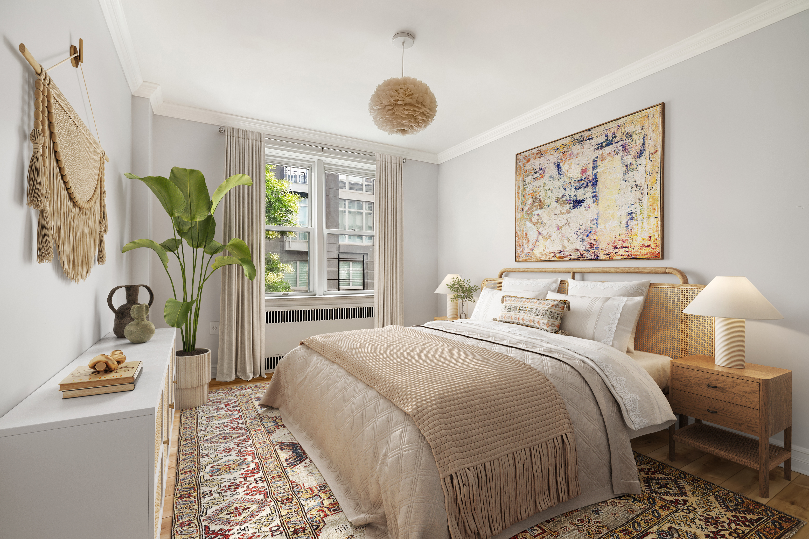 a bedroom with bed and a large window