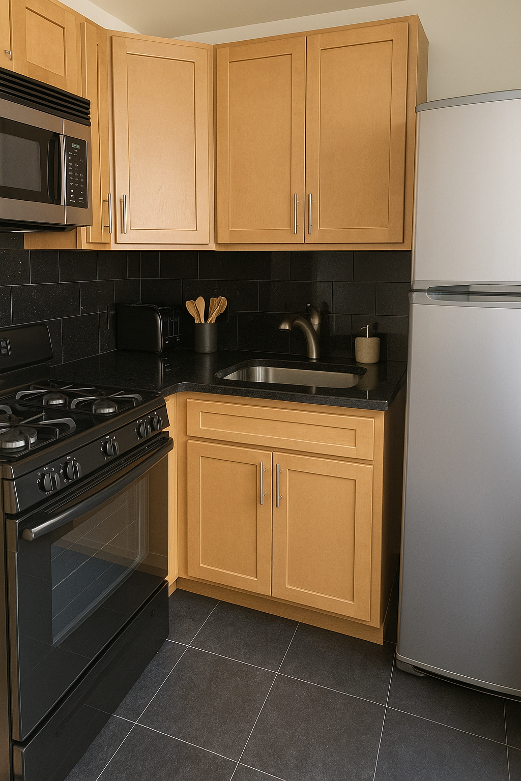 321 East 48th Street, Unit 6A Manhattan, NY 10017 - Photo 2 of 4 a kitchen with stainless steel appliances granite countertop a stove a sink and a microwave