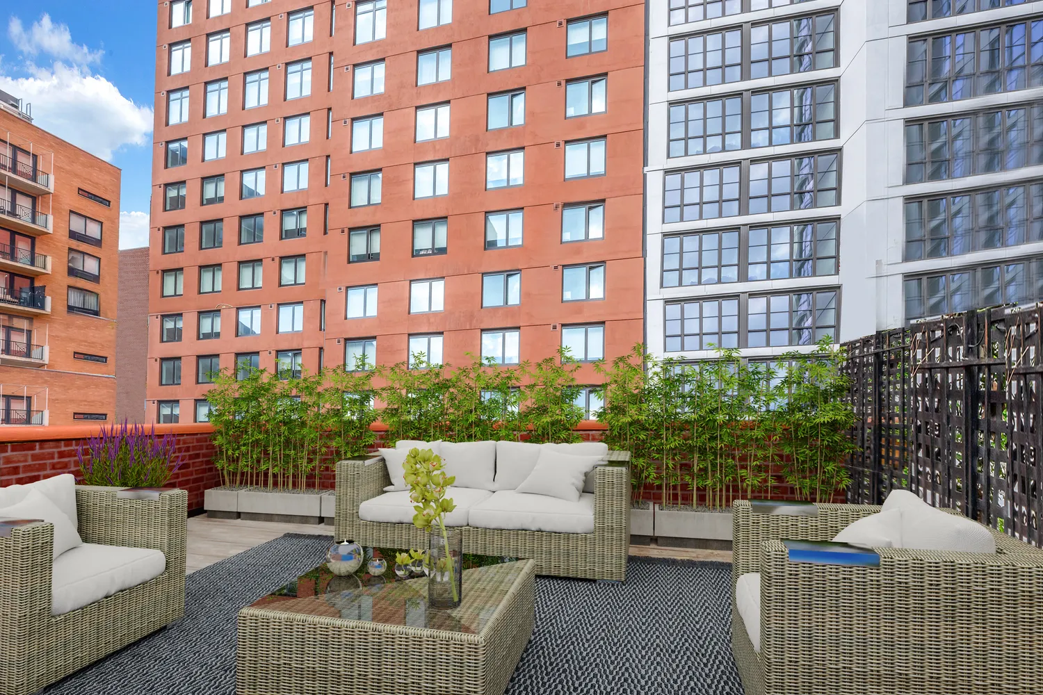 a view of a building and outdoor seating