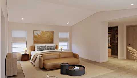 a bedroom with a bed and a couch