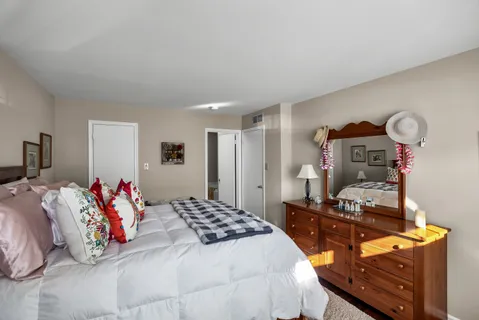 a bedroom with a bed and dresser