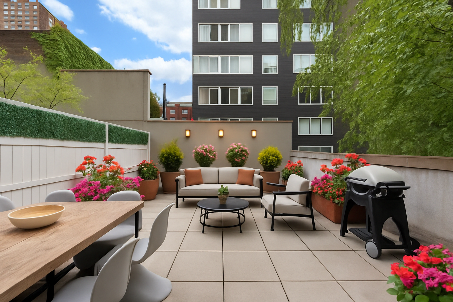 a view of a patio with dining table and chairs